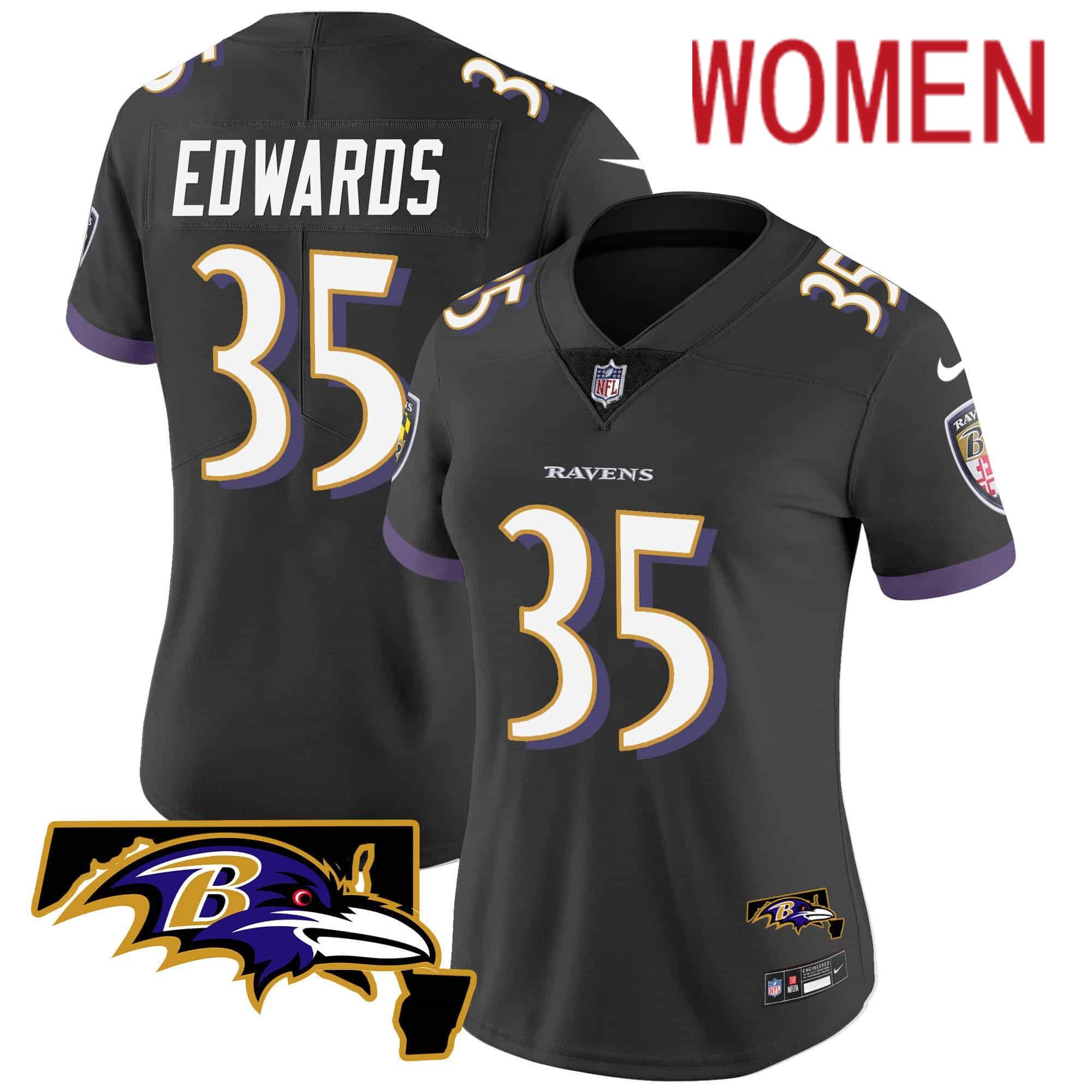 Women Baltimore Ravens #35 Edwards Black 2024 Nike Maryland Patch Vapor Limited NFL Jersey style 1->women nfl jersey->Women Jersey